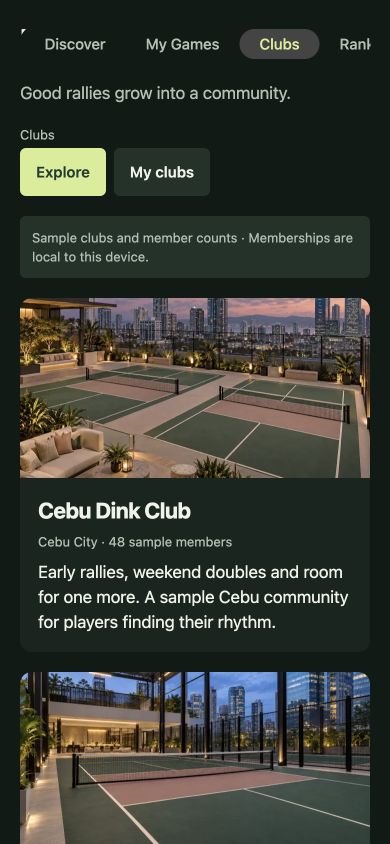 DinkRank PH Clubs screen in the browser preview