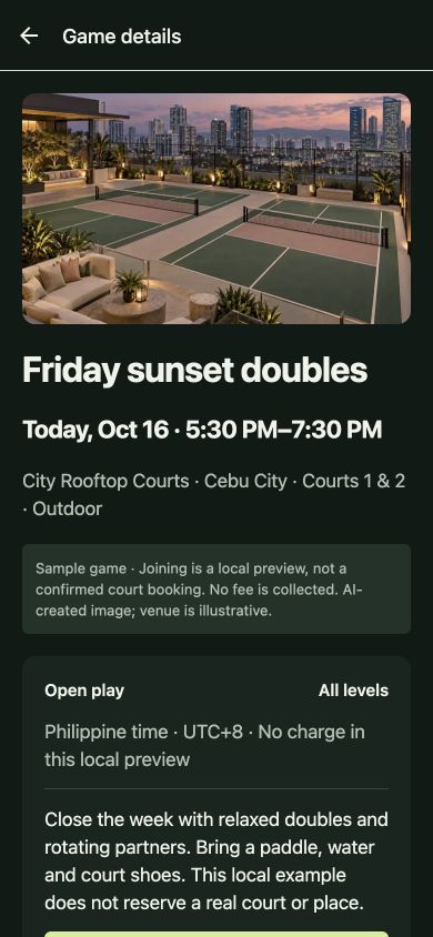 DinkRank PH Game details screen in the browser preview