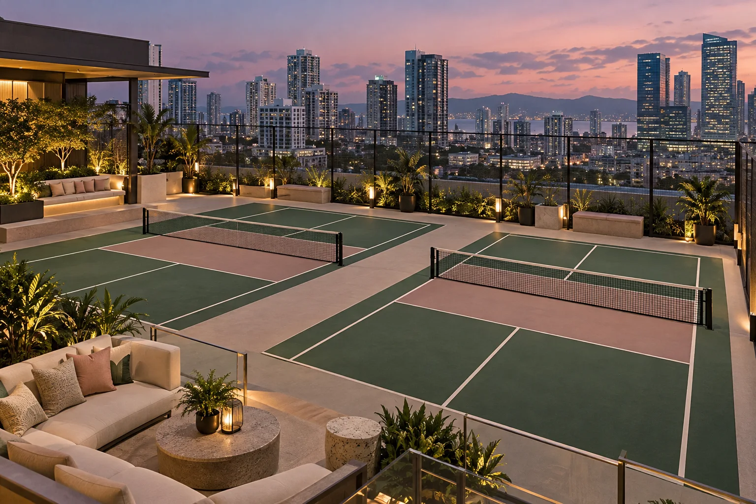 Illustrative rooftop pickleball court against a city skyline